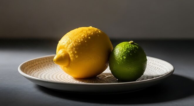 Jeruk Lemon Kuning dan Jeruk Nipis Hijau Basah di Piring Keramik Estetik