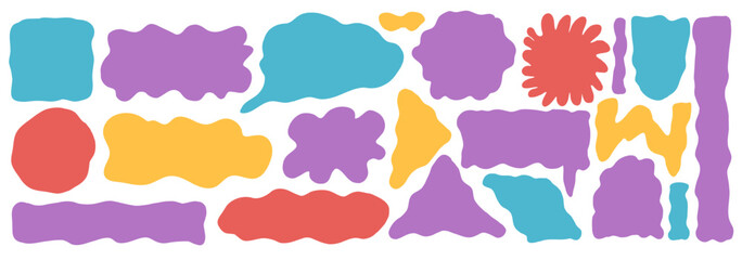 Obraz premium Hand-drawn colorful organic frames with wavy edges. Abstract square, rectangle, oval shapes for quote text, banner and labels. Vector design elements with irregular border fluid forms. Speech bubbles.