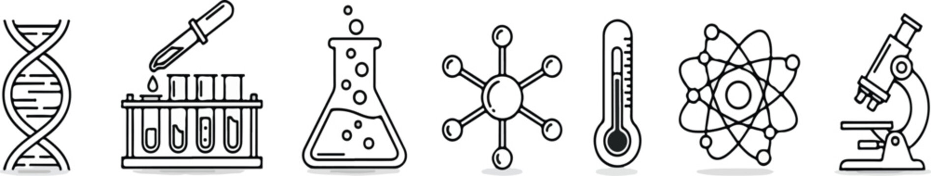 Science vector icons set, lab equipment illustration, chemistry icon and research symbol collection.eps
