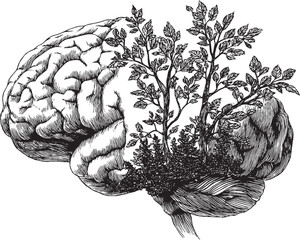 A stylized human brain with tree branches and leaves sprouting from its top, vector illustration. © PanzaDesign