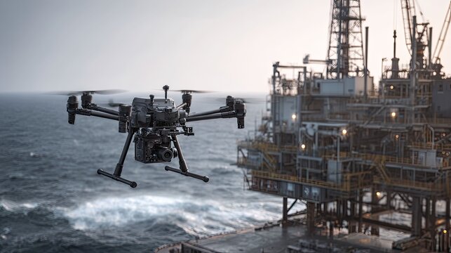 Drone hovering over the ocean, performing an inspection of an offshore energy production platform, representing technological advancement and industrial safety monitoring
