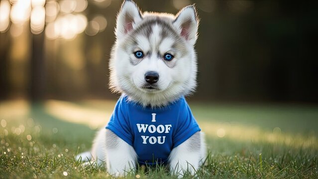 A cute husky puppy wearing a blue shirt in the grass