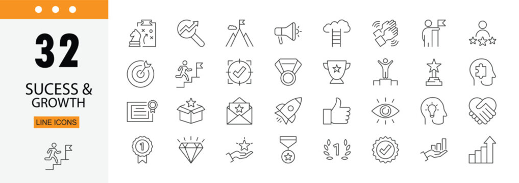 Success and growth icons set representing progress, achievement, target, performance, business development and upward growth  Editable Stroke.