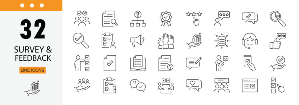 Survey and feedback icons set representing forms, ratings, reviews, customer response, data collection, evaluation and communication. Editable Stroke.