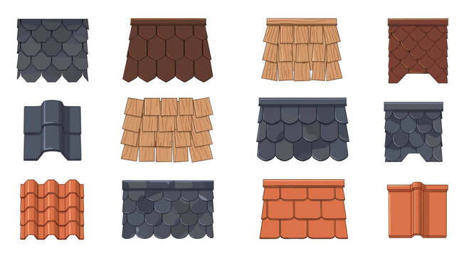 Twelve various textures of architectural roof shingles and tiles are presented in a clean grid showing diverse patterns and natural earth tone colors.