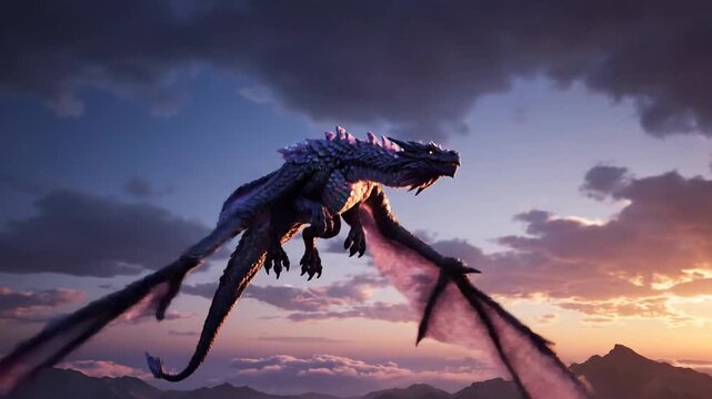 Majestic Dragon Flying Through Sunset Sky Over Mountains