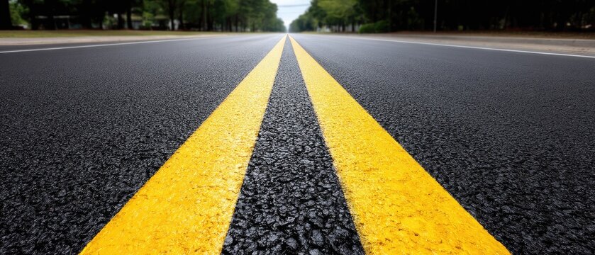 Black asphalt road with yellow lines stretching into the distance for vehicle travel and transport during a clear day