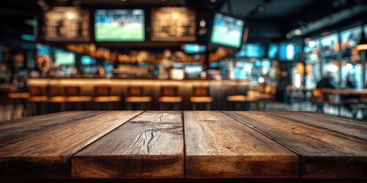 Empty rustic wooden table in a sports bar with blurred TVs and ambient lighting