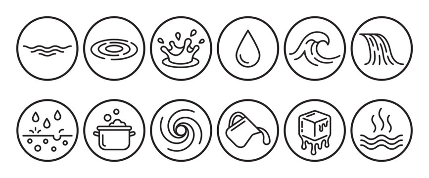 Collection of black outline water icons representing various states and movements of liquid, rendered in a clean, modern style