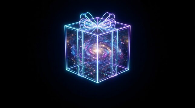 Neon Gift Box Containing a Swirling Galaxy with Stars