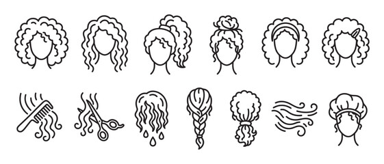 Obraz premium Various black outline hair styles and care icons, including curly, wavy, braided, and accessories, presented in a clean, modern line art style