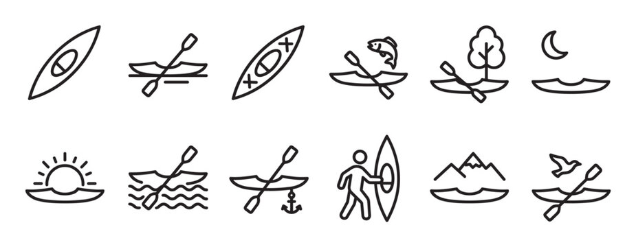 Collection of simple black outline kayak and canoeing icons depicting various water activities and natural elements