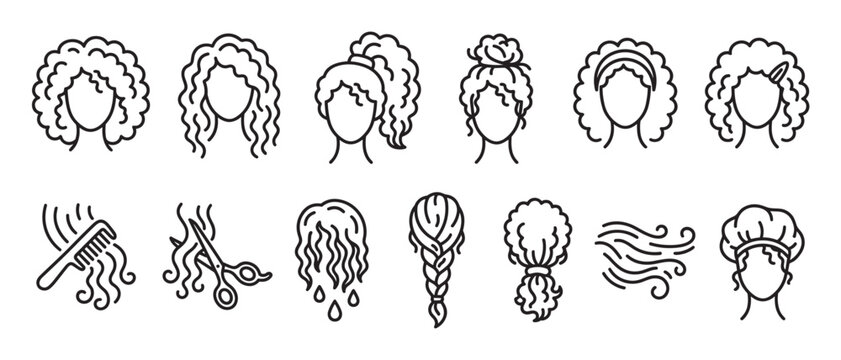 Various black outline hair styles and care icons, including curly, wavy, braided, and accessories, presented in a clean, modern line art style
