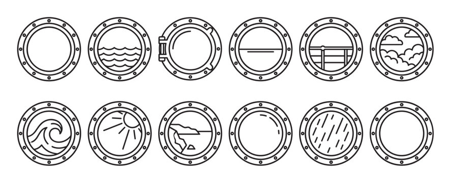 Collection of twelve simple porthole icons, each depicting various weather conditions and sea views in a clean line art style