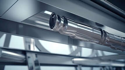 Fototapeta premium Smooth chrome pipe threading through industrial machinery, reflecting light and shapes as it channels fluid and energy in a sleek, futuristic manufacturing system