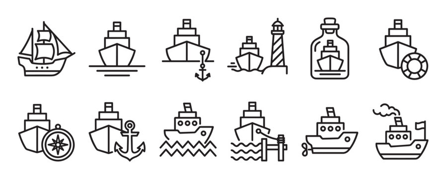 Collection of various simple black outline ship and boat icons, featuring different maritime symbols and vessels
