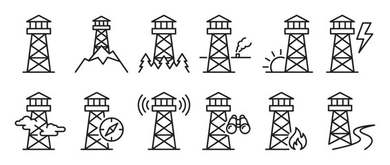 Fototapeta premium Collection of black outline fire lookout tower icons depicting various scenarios and elements like mountains, trees, smoke, and lightning