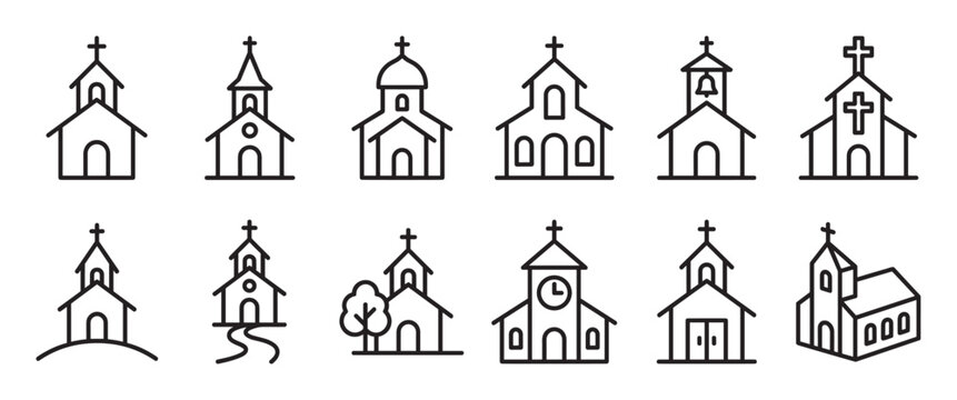 Various black outline church icons with crosses on steeples and different architectural details, presented in a clean, minimalist style