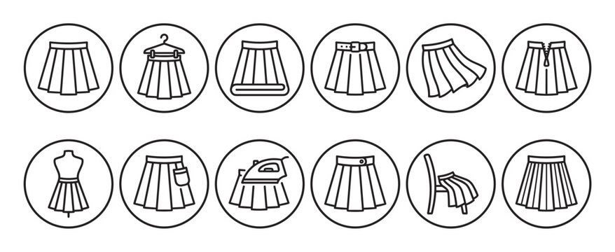 Collection of twelve simple line art icons depicting various pleated skirts and related clothing activities