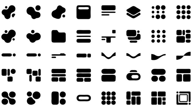 Modern UI layout elements icon set black solid grid cards toggle blobs and interface components for web and mobile app design