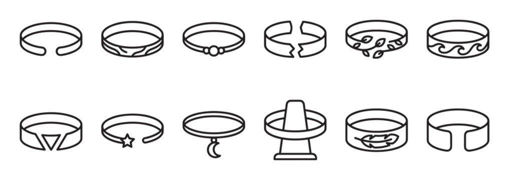 Collection of various outline bracelet icons, including bangles, cuffs, and charm bracelets, presented in a clean, minimalist style