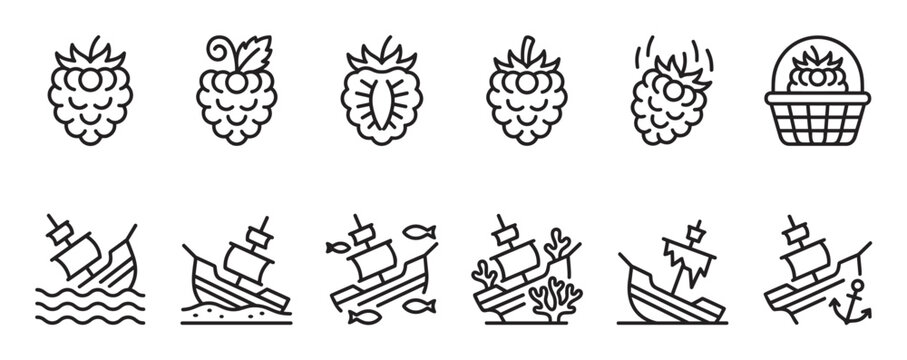 Collection of simple black line art icons depicting various raspberries and shipwrecked boats in a clean, minimalist style