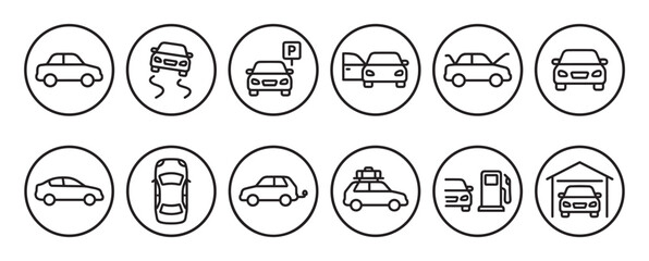 Fototapeta premium Collection of black outline car icons depicting various automotive situations and views, presented in a clean, modern style