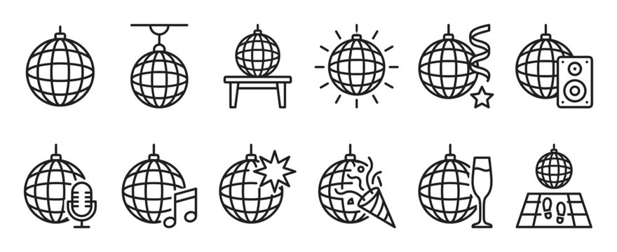 Collection of twelve black outline disco ball icons depicting various party and celebration elements in a clean, graphic style