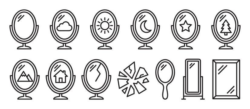 Collection of various mirror outline icons, including a broken mirror, a hand mirror, and reflections of nature, weather, and home