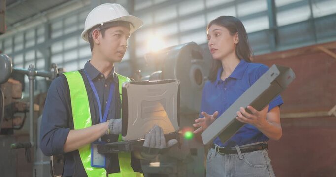 Entrepreneur explains custom DIY workpiece requirements to an engineer, reviewing parts, design options and prototype specifications in a workshop during development planning.
