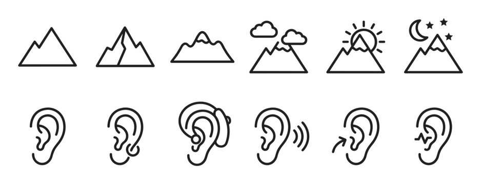 Various black outline icons depicting mountains with different weather conditions and human ears with hearing aids or sound waves