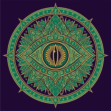 Green Mandala Eye Design Art.