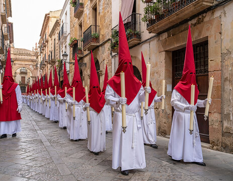 Procesi&oacute;n de Semana Santa con nazarenos de t&uacute;nica blanca y capirote rojo en calle urbana