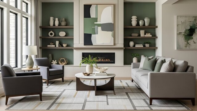 A modern living room with a fireplace and comfortable seating area
