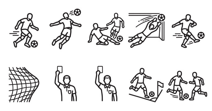 A collection of simple line art icons representing various soccer actions like kicking, heading, goalkeeping, fouls, and corner kicks.
