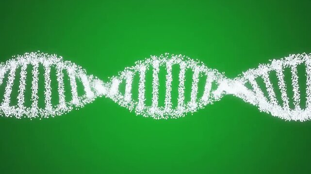 A glowing digital model of a double helix structure on a green background