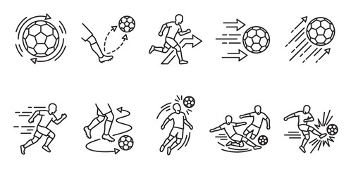Obraz premium A clean, minimalist vector icon set illustrating various soccer actions and movements, including kicking, running, and ball control, suitable for sports and gaming themes.