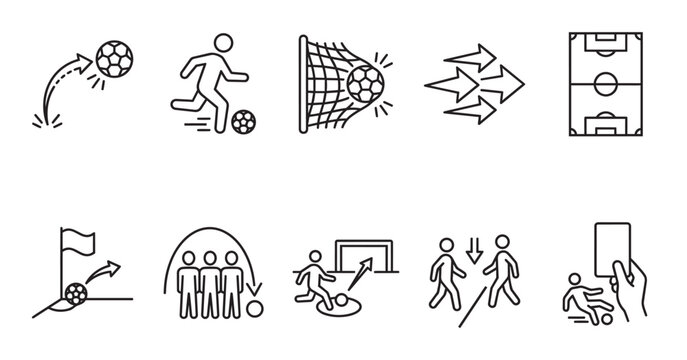 A collection of clean, minimalist line art icons depicting various aspects of soccer, including players, goals, field, and actions like scoring and fouls.