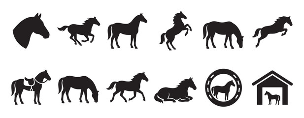 Fototapeta premium Collection of various black horse silhouettes depicting different poses and equestrian related icons in a graphic style