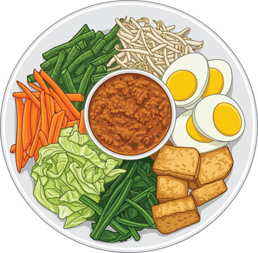 Vector of Indonesian pecal salad with fresh vegetables and rich peanut sauce, colorful and authentic