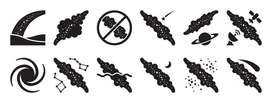 Diverse black and white galaxy icons depict various cosmic phenomena and celestial objects in a clean, graphic style