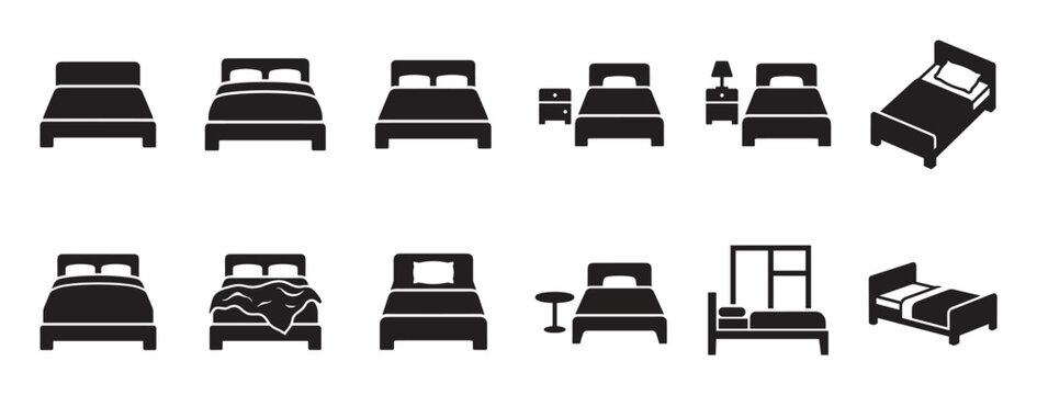 Collection of black bed icons displaying various styles and arrangements, including single, double, and twin beds with pillows and blankets