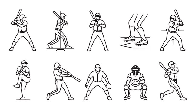 A collection of ten line art icons illustrating various baseball player actions including batting, pitching, and catching, presented on a clean white background.