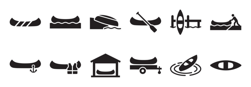 Collection of twelve black canoe and kayak icons depicting various water sports activities and equipment in a clean, graphic style