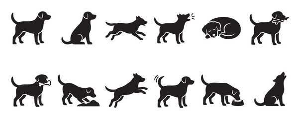 Fototapeta premium Black dog silhouette icons in various poses, including standing, sitting, running, barking, sleeping, and playing, depicted in a clean, graphic style