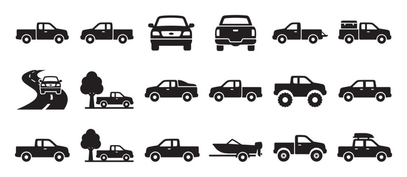 Collection of various black pickup truck icons in different styles and perspectives, including a boat trailer