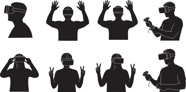 Black silhouette set of people wearing virtual reality headsets and using VR controllers isolated on white background, immersive gaming and futuristic technology flat vector illustration.