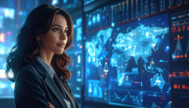 Businesswoman analyzes global data on screens