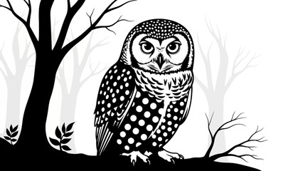 Fototapeta premium Black and White Owl Perched on a Branch in a Spooky Forest