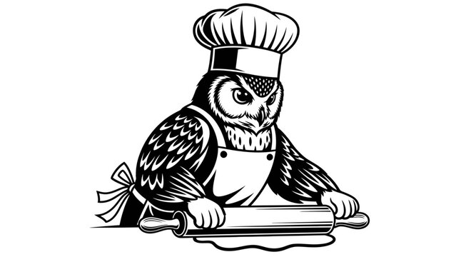 Chef Owl Rolling Dough with Rolling Pin - Black and White Illustration
